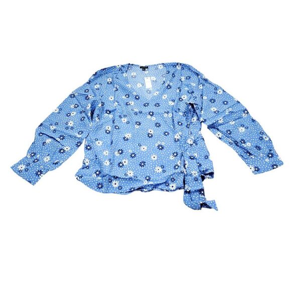 Talbots Blue Wave Daisy Dot Print Floral Wrap Top Blouse Women's Size XL - Picture 2 of 8